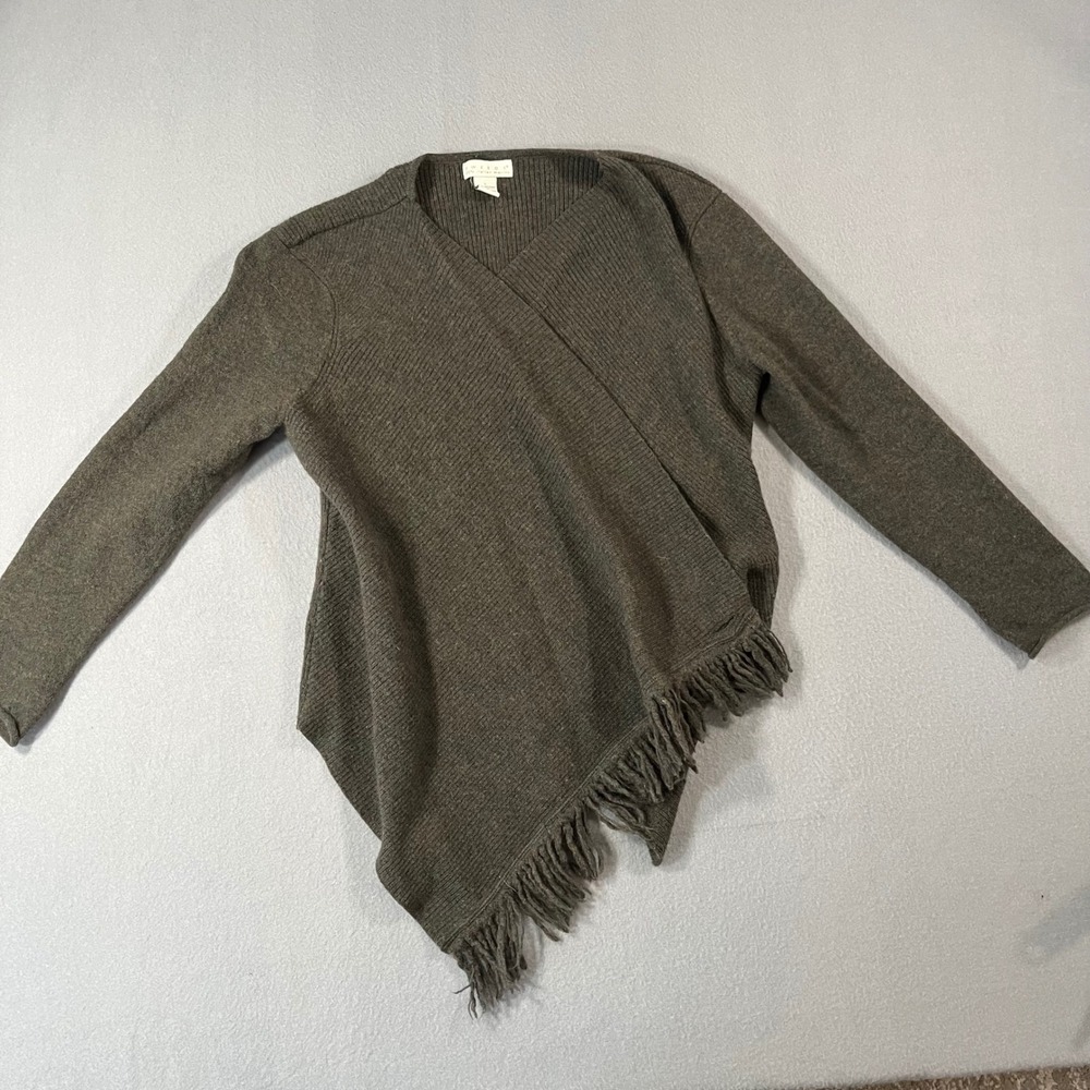 TWEEDS 100% Italian Merino‎ Wool Asymmetrical Fringe Cardigan Sweater Green L